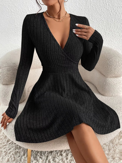 New for Autumn/Winter 2024 Women Knit Slim Sexy Bodycon Dress V-Neck Long Sleeve Dress Solid Casual Midi Sweater Dress